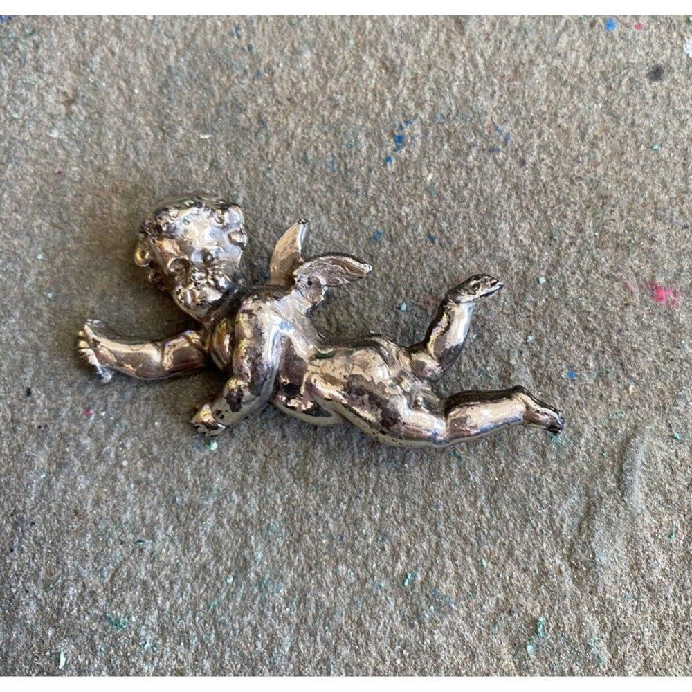 Vintage Zentall Cupid Pin Brooch Baby Cherub Silver Plate